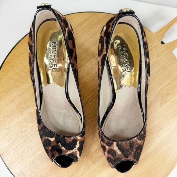 Michael Kors York Leopard Print Calf Hair Platform Peep Toe Pump Brown Black 7.5 - Picture 5 of 13